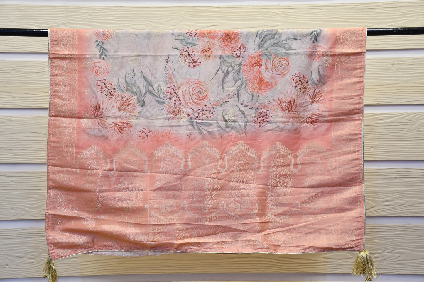 Peach Raw Silk Dress Material with Handworked Neck & Foil Floral Dupatta