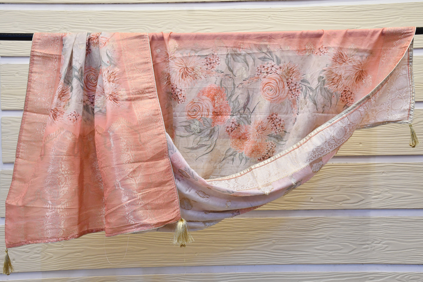Peach Raw Silk Dress Material with Handworked Neck & Foil Floral Dupatta