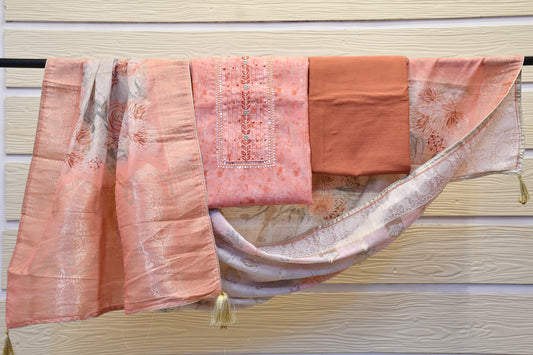 Peach Raw Silk Dress Material with Handworked Neck & Foil Floral Dupatta