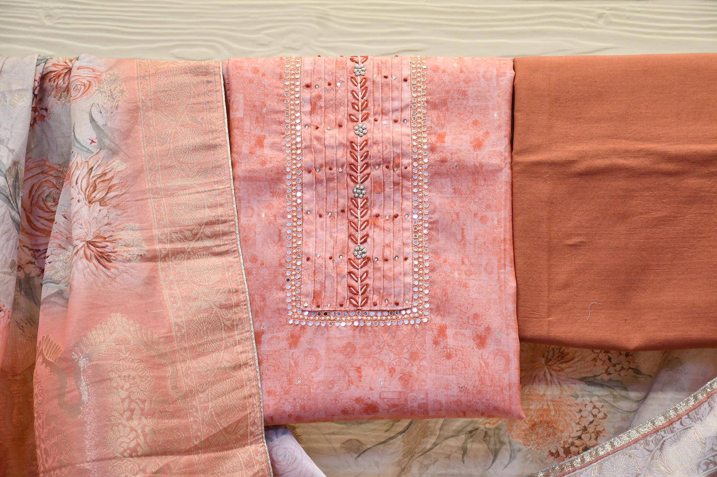 Peach Raw Silk Dress Material with Handworked Neck & Foil Floral Dupatta