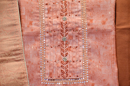 Peach Raw Silk Dress Material with Handworked Neck & Foil Floral Dupatta
