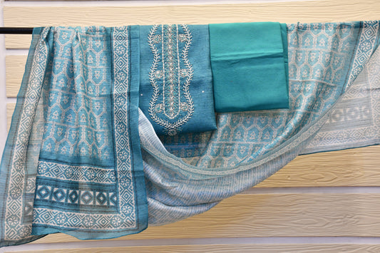 Raw Silk Dress Material with White Pearl Handwork & Printed Dupatta