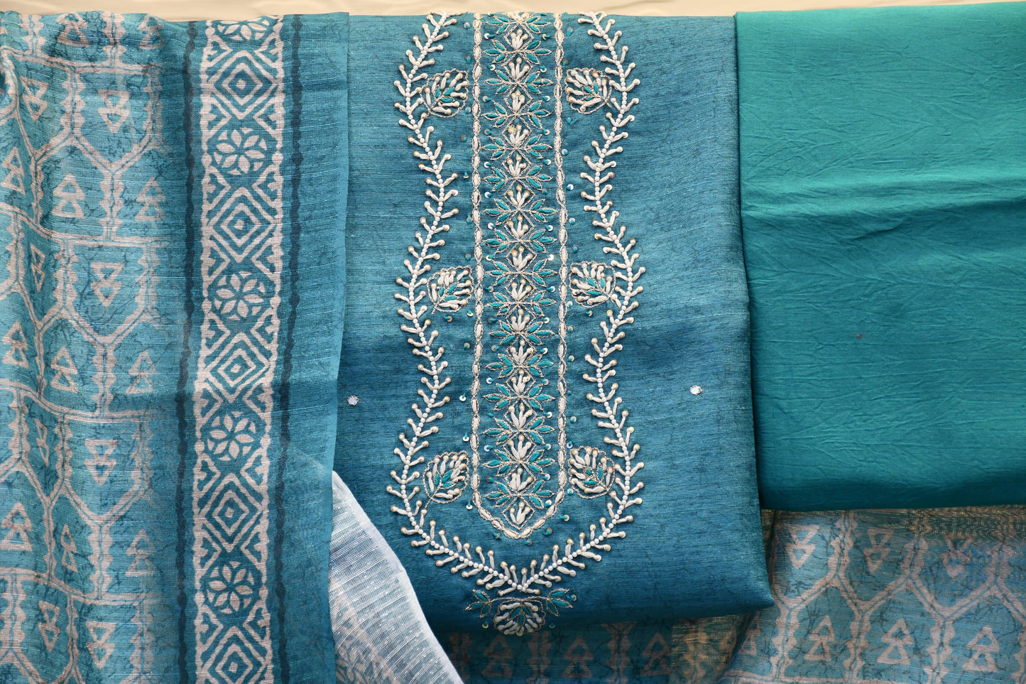 Raw Silk Dress Material with White Pearl Handwork & Printed Dupatta