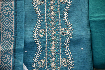 Raw Silk Dress Material with White Pearl Handwork & Printed Dupatta