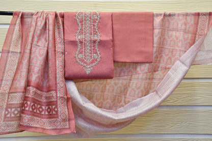 Raw Silk Dress Material with White Pearl Handwork & Printed Dupatta
