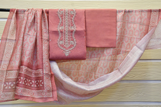 Raw Silk Dress Material with White Pearl Handwork & Printed Dupatta