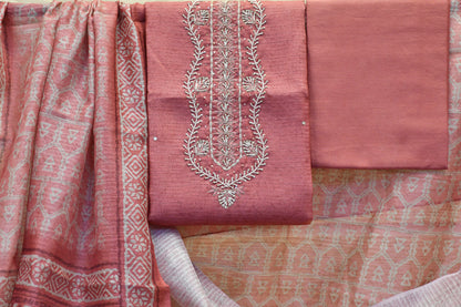 Raw Silk Dress Material with White Pearl Handwork & Printed Dupatta