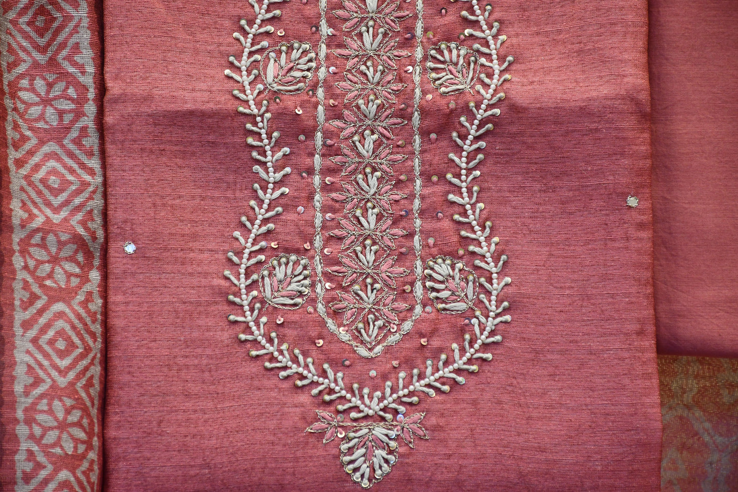 Raw Silk Dress Material with White Pearl Handwork & Printed Dupatta