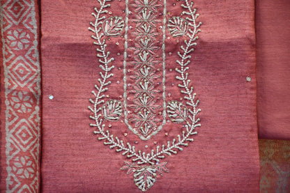 Raw Silk Dress Material with White Pearl Handwork & Printed Dupatta