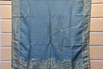 Elegant Art Silk Dress Material with V-Neck, Neckline Embroidery & Foil Work Flower Dupatta
