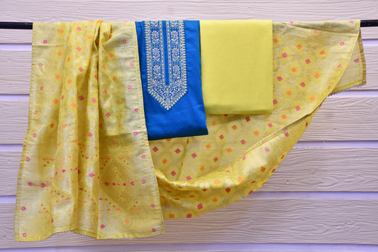Elegant Dress Material with Neck Embroidery & Banarasi Dupatta Set