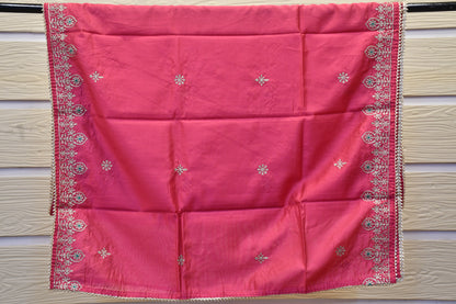 Turquoise Dress Material with Golden Neck Work & Hot Pink Dupatta Set