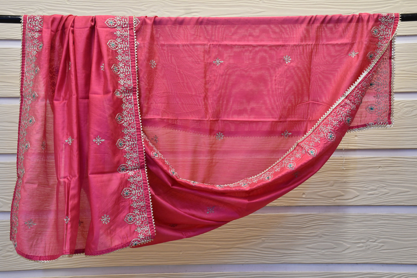Turquoise Dress Material with Golden Neck Work & Hot Pink Dupatta Set