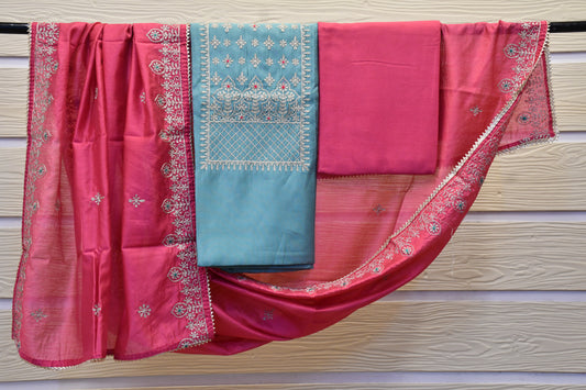 Turquoise Dress Material with Golden Neck Work & Hot Pink Dupatta Set