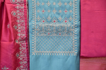 Turquoise Dress Material with Golden Neck Work & Hot Pink Dupatta Set