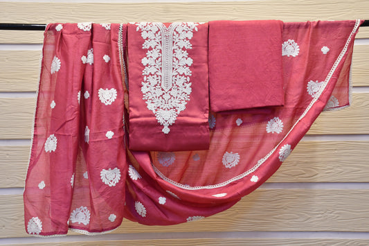 Mauve Dress Material with Kashmiri-Style Neck Embroidery & Matching Dupatta