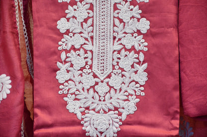 Mauve Dress Material with Kashmiri-Style Neck Embroidery & Matching Dupatta