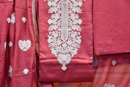 Mauve Dress Material with Kashmiri-Style Neck Embroidery & Matching Dupatta