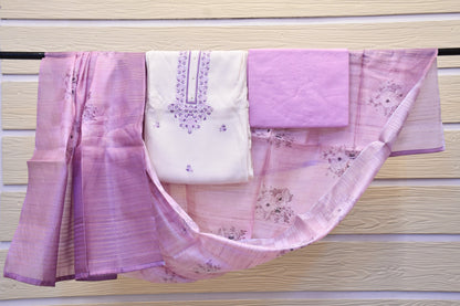 Off-White Muslin Dress Material with Lilac Neck Work & Printed Dupatta