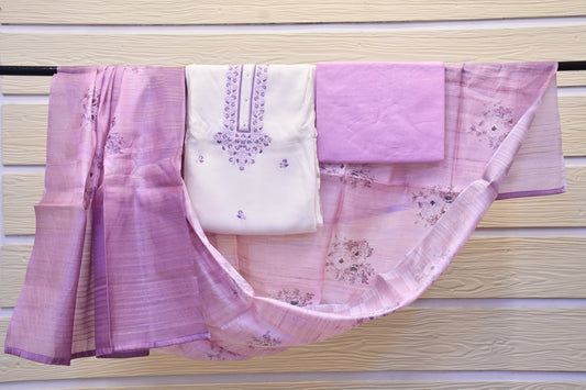 Off-White Muslin Dress Material with Lilac Neck Work & Printed Dupatta
