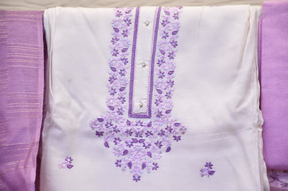 Off-White Muslin Dress Material with Lilac Neck Work & Printed Dupatta