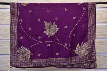 Wine Dress Material with Golden Embroidery & Foil Work Floral Dupatta