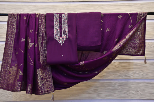 Wine Dress Material with Golden Embroidery & Foil Work Floral Dupatta