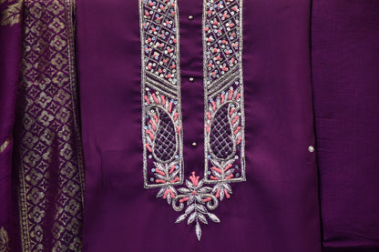 Wine Dress Material with Golden Embroidery & Foil Work Floral Dupatta