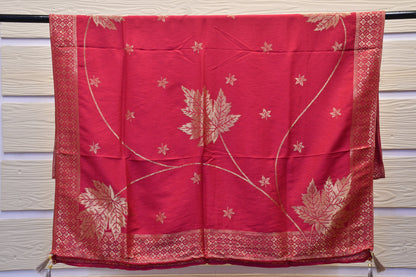 Hot Pink Dress Material with Golden Embroidery & Foil Work Floral Dupatta