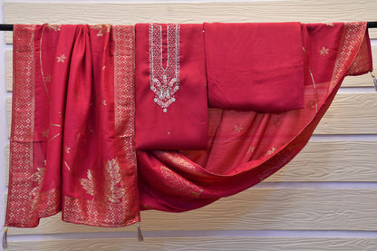 Hot Pink Dress Material with Golden Embroidery & Foil Work Floral Dupatta