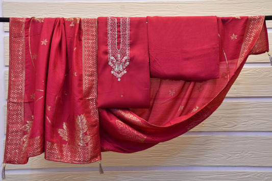 Hot Pink Dress Material with Golden Embroidery & Foil Work Floral Dupatta