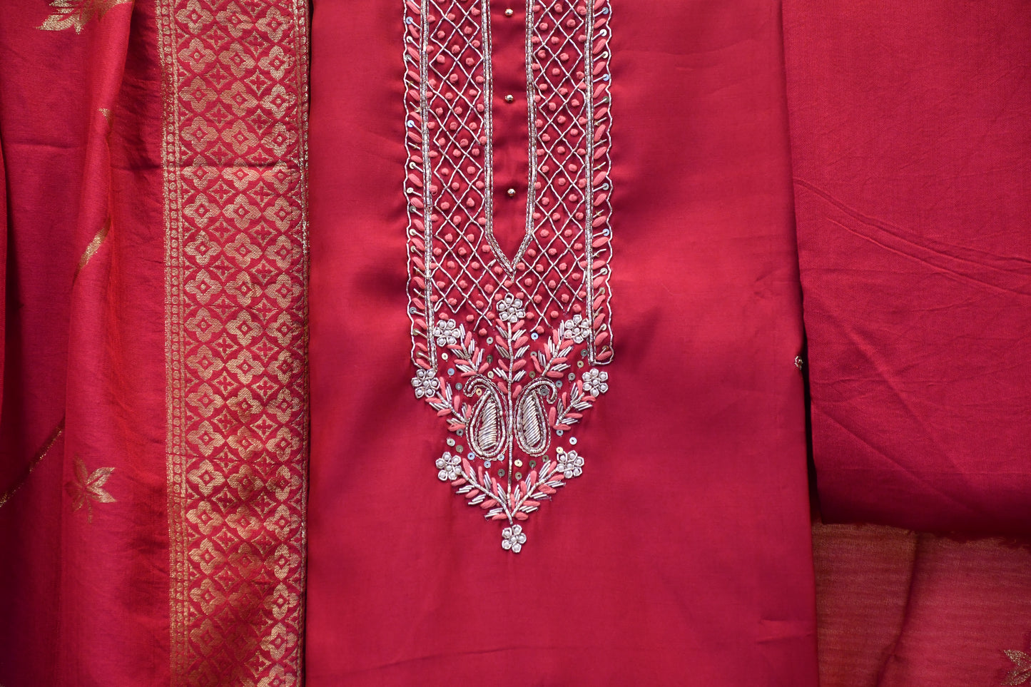 Hot Pink Dress Material with Golden Embroidery & Foil Work Floral Dupatta