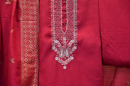 Hot Pink Dress Material with Golden Embroidery & Foil Work Floral Dupatta