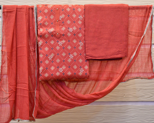 Red Raw Silk Dress Material with Golden Foil Work & Georgette Dupatta