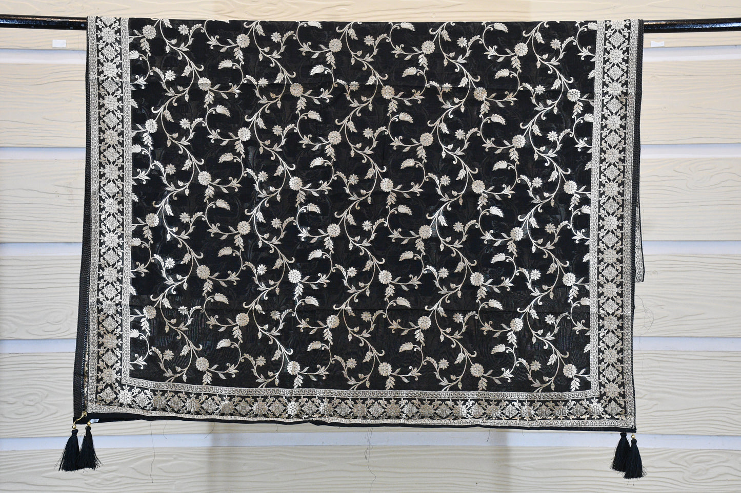 Classic Black Linen Dress Material with Silver Floral Embroidery & Statement Dupatta