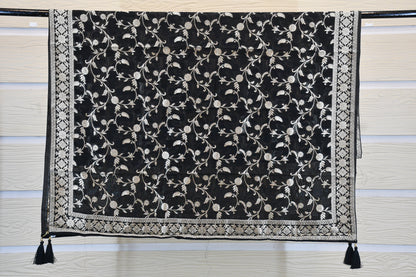 Classic Black Linen Dress Material with Silver Floral Embroidery & Statement Dupatta