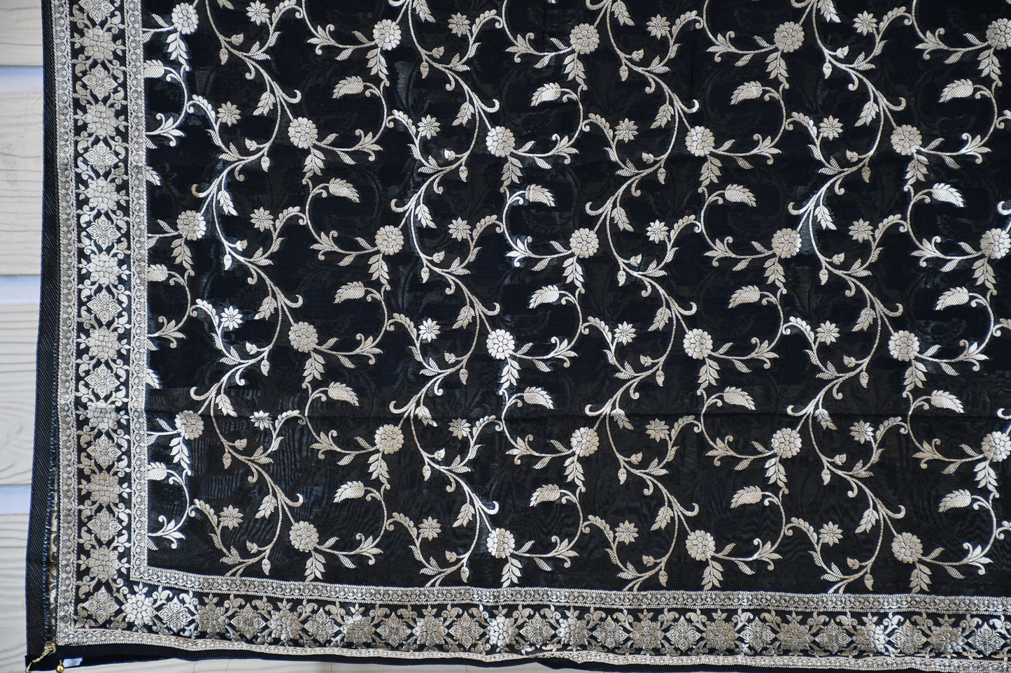 Classic Black Linen Dress Material with Silver Floral Embroidery & Statement Dupatta