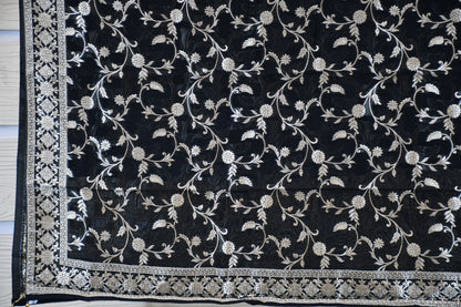 Classic Black Linen Dress Material with Silver Floral Embroidery & Statement Dupatta