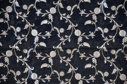 Classic Black Linen Dress Material with Silver Floral Embroidery & Statement Dupatta