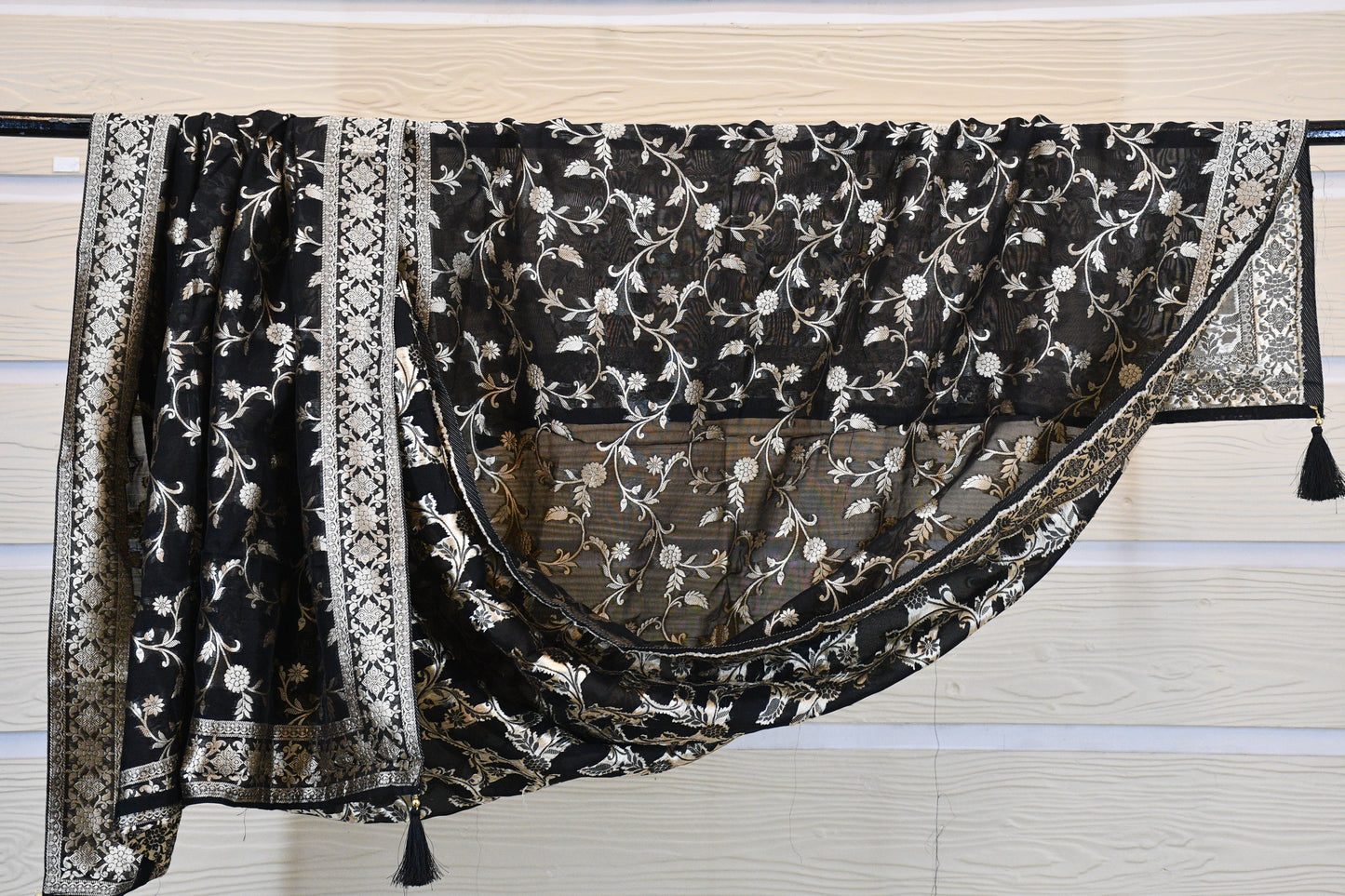 Classic Black Linen Dress Material with Silver Floral Embroidery & Statement Dupatta