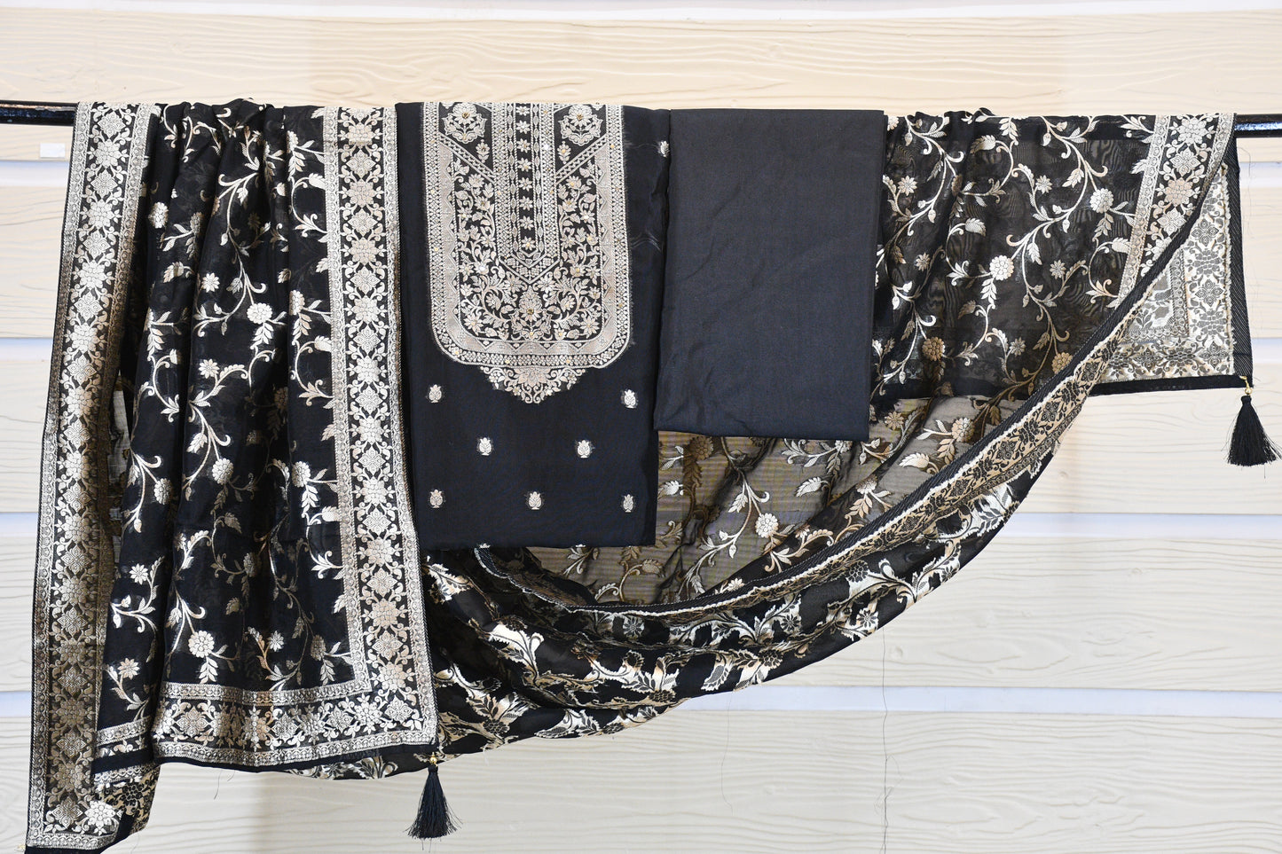 Classic Black Linen Dress Material with Silver Floral Embroidery & Statement Dupatta