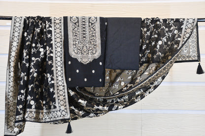 Classic Black Linen Dress Material with Silver Floral Embroidery & Statement Dupatta