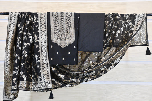 Classic Black Linen Dress Material with Silver Floral Embroidery & Statement Dupatta