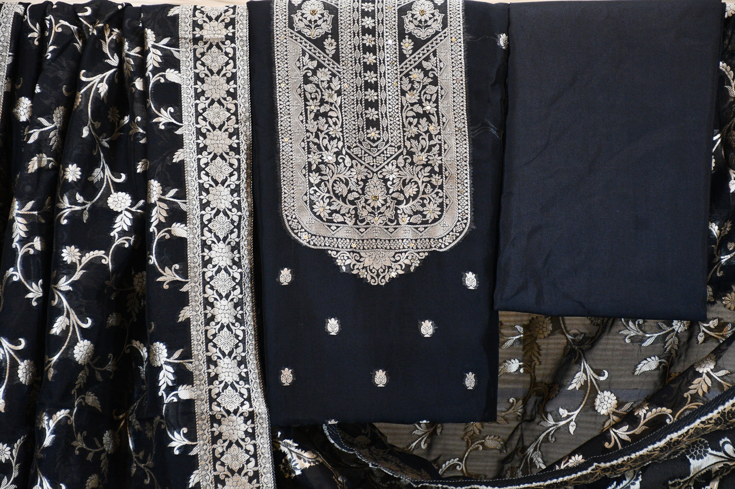 Classic Black Linen Dress Material with Silver Floral Embroidery & Statement Dupatta