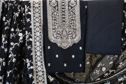 Classic Black Linen Dress Material with Silver Floral Embroidery & Statement Dupatta