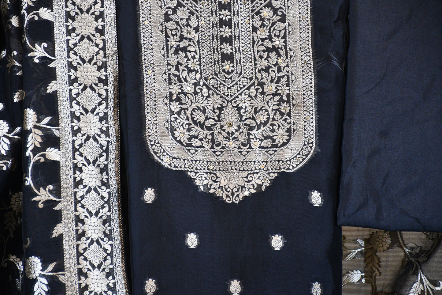 Classic Black Linen Dress Material with Silver Floral Embroidery & Statement Dupatta