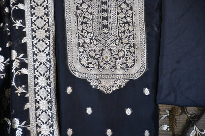 Classic Black Linen Dress Material with Silver Floral Embroidery & Statement Dupatta