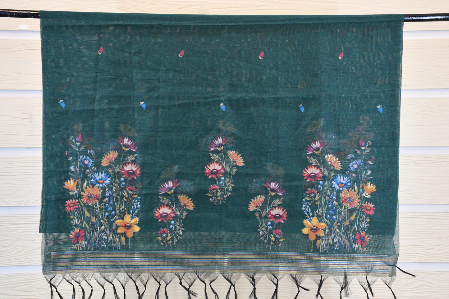 Deep Teal Linen Dress Material with Multicolor Floral Weaving & Tasselled Dupatta
