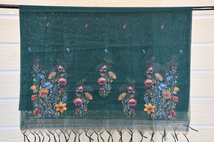 Deep Teal Linen Dress Material with Multicolor Floral Weaving & Tasselled Dupatta