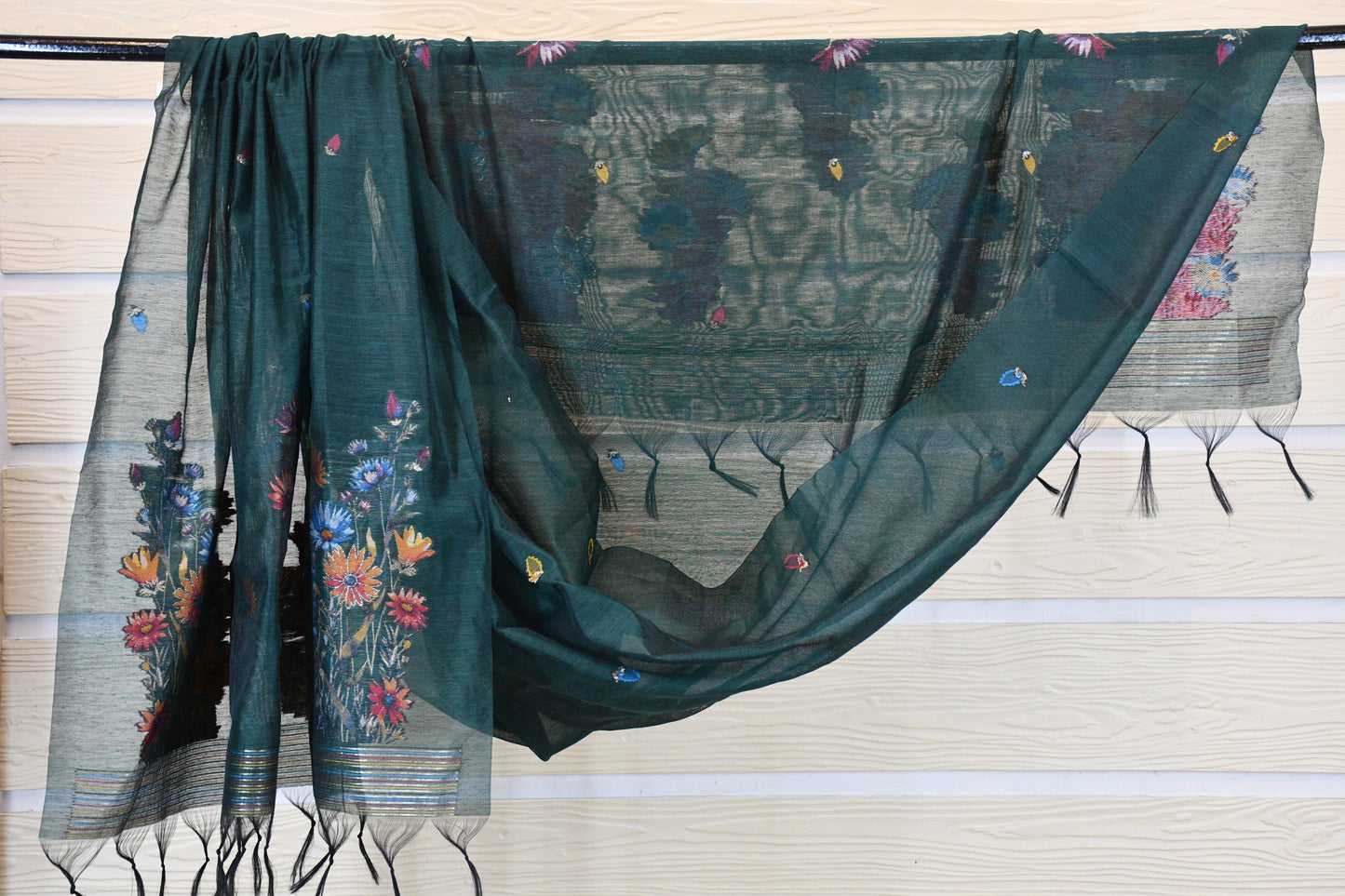 Deep Teal Linen Dress Material with Multicolor Floral Weaving & Tasselled Dupatta